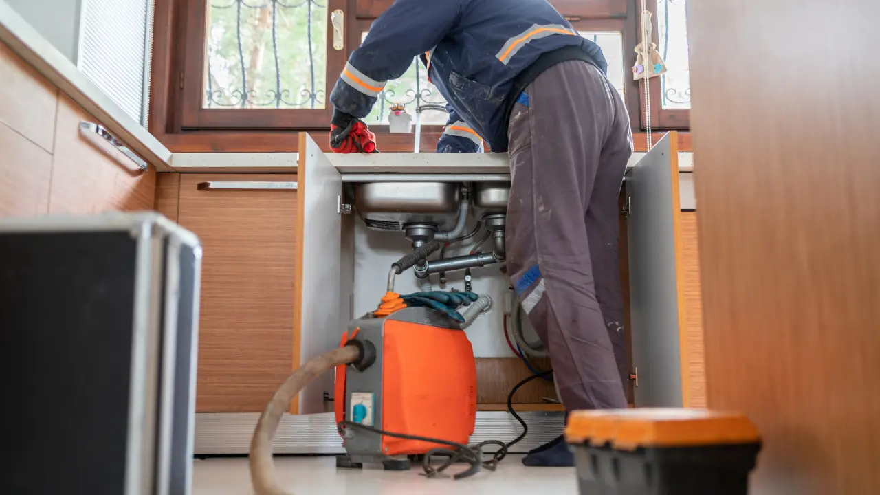 Plumber using a drain cleaning machine under a kitchen sink in Elizabeth, NJ