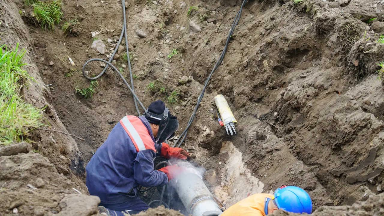 Crew replacing a damaged underground water line in a trench in Elizabeth, NJ